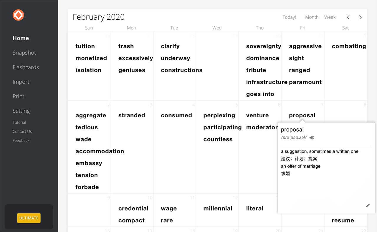 Words Calendar list