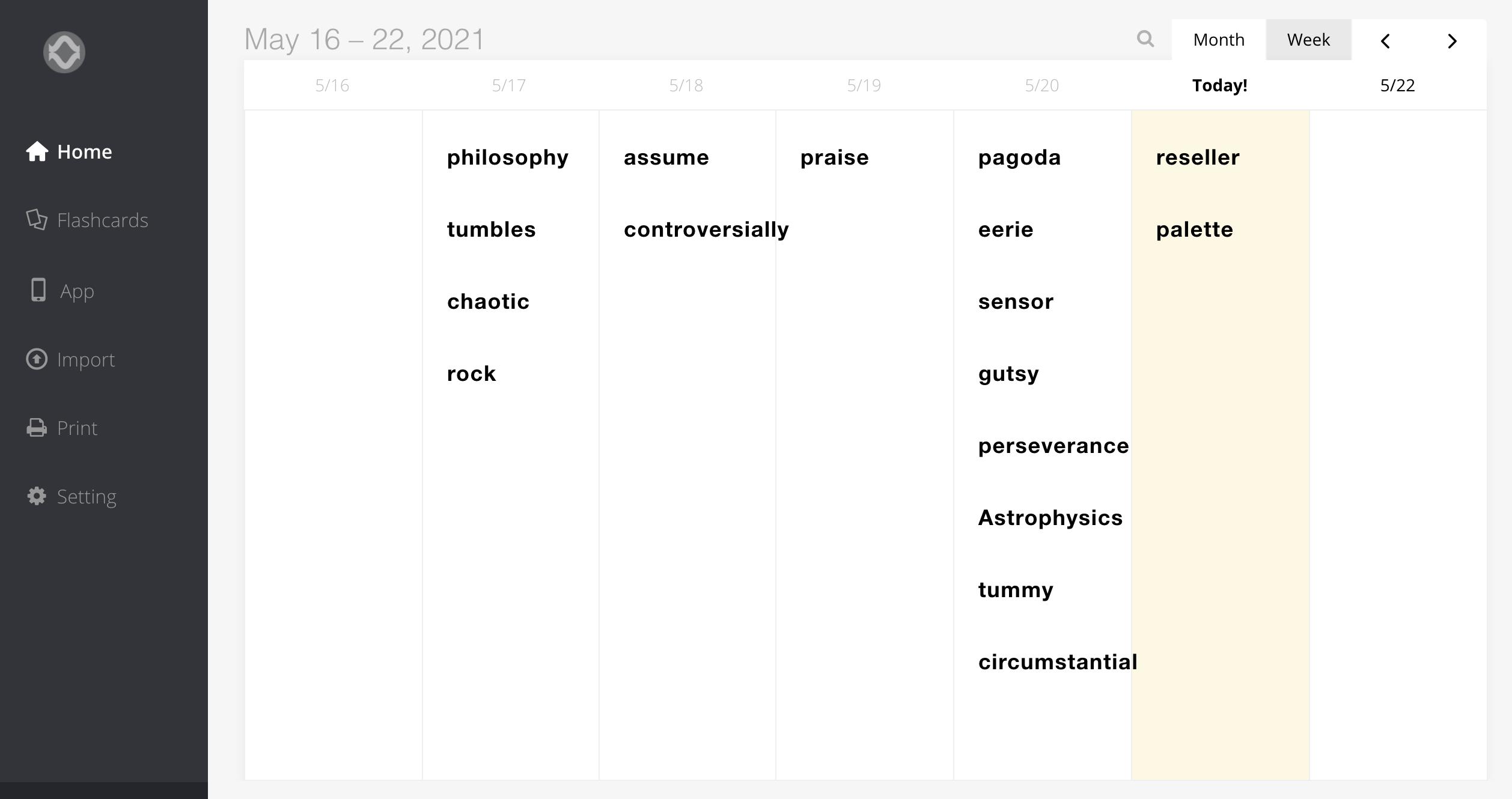vocabulary calendar screenshot